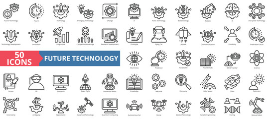 Future technology icon collection set. Containing emerging technology, change, it, nano technology, biotechnology, robotic, ai icon. Simple line vector