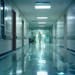  Emergency room, ghost doctor through doorway, backlit, long shot, haunting solitude.