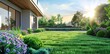 Beautiful green lawn with fresh grass in the garden of a modern house on a sunny day.
