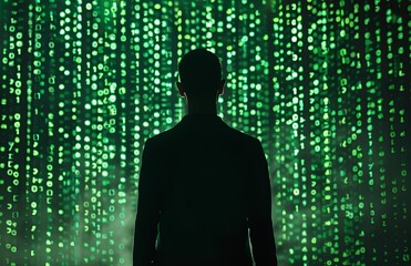 Wall Mural - silhouette of man in front of green matrix code background