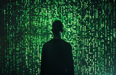 Wall Mural - silhouette of man in front of green matrix code background