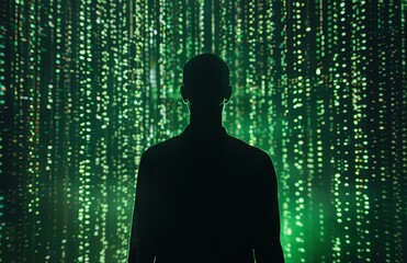 Wall Mural - silhouette of man in front of green matrix code background