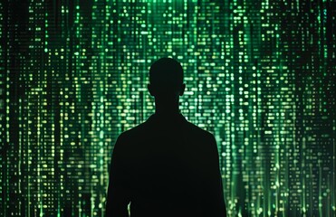 Wall Mural - silhouette of man in front of green matrix code background