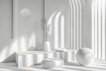 Modern Abstract Geometric Art Deco Mockup Minimalistic Background. White Primitive Shapes. 3d Render Illustration