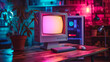 Vintage computer with CRT monitor. neon colors lights. generative ai 