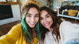 Fototapeta  - Teenager girl taking a selfie with her mother, happy and smiling