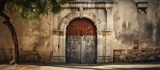 Poster - An ancient building with a wooden door stands tall, flanked by a majestic tree. The facade showcases medieval architecture, embodying history and symmetry