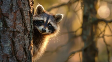 Wall Mural - A curious raccoon peeking out from behind a tree trunk, eyes shining with mischief
