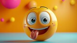 Fototapeta Przestrzenne - A cute cartoon face emoji sticking out its tongue playfully with a wink and a smile