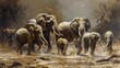 A family of elephants cooling off in a muddy watering hole, spraying water playfully