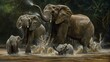 A family of elephants cooling off in a muddy watering hole, spraying water playfully