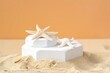 Decorative plaster podiums with starfish on sand against pale orange background. generative ai.
