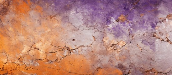 Wall Mural - A close up of an art piece depicting a natural landscape with violet and magenta tones, featuring water, clouds, soil, and petal patterns