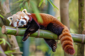 Wall Mural - a red panda sleeping on a bamboo pole