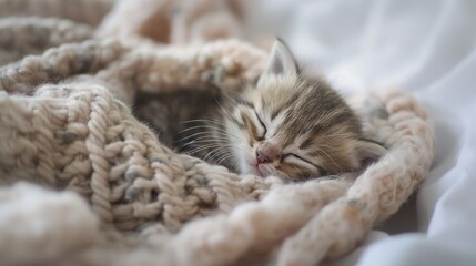 Wall Mural - A newborn kitten curled up in a cozy blanket, fast asleep