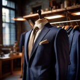 Fototapeta  - Tailored men's suits modeled on mannequin in tailor shop atelier