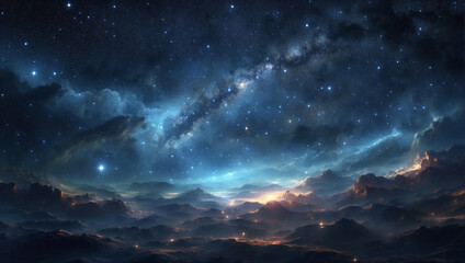 Dark blue universe with bright starry sky.