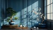 Elegant Interior Design Modern Sophistication with Dark Blue Walls and Exquisite Bonsai Trees