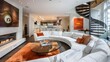 Elegant City Living Chic Fireplace and Spiraling Glass Staircase Adorned with Vibrant Persimmon Cushions