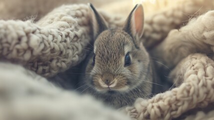 Wall Mural - A tiny baby bunny sitting against a soft blanket in a cozy burrow