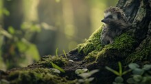 A Tiny Baby Hedgehog Sitting Against A Mossy Tree Trunk In A Lush Forest