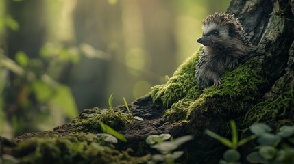 Wall Mural - A tiny baby hedgehog sitting against a mossy tree trunk in a lush forest