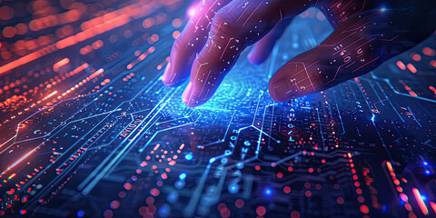 Hand touching  hologram screen digital technology virtual panel creating innovative
