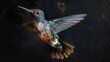 A tiny hummingbird with iridescent feathers hovering mid-air
