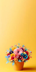 pot of flowers, paper flowers, isolated on a yellow background, 3d render, copy space, banner