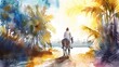 Serene Jesus riding donkey, bright watercolor Palm Sunday illustration, peaceful religious concept art
