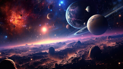 Wall Mural - Galaxies Adorned with Bright Stars and Orbiting Planets