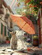 Curious Cat, Polka Dot Umbrella, Playful feline ready to explore, Staring up at a vibrant rainbow in a quaint town square, Sunny day, 3D render, Golden hour, Vignette