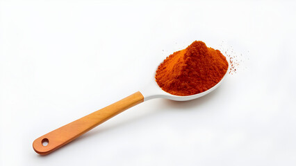 Red chili powder in a wooden spoon on transparent background