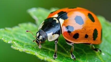 A close-up of a ladybug on a green leaf showcasing the contrast of colors and patterns