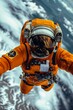 astronaut orange space suit flying above earth mountains background taking military jumpsuit streaming accidentally historic street outside window reaching black undersuit infinite