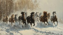 Horses Running Snow Line Snowy Field Cowboys Speed Blazing Engines High Energy Pulses Honey Wind Horse Victory Lap