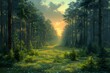 Fantastic Epic Magical Forest Landscape. Summer beautiful mystic nature. Gaming assets. Celtic Medieval RPG background. Grass and green trees. Green foliage. Grassy meadow  