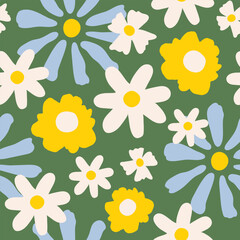 Poster - Seamless pattern with white, yellow and blue groovy daisy flowers on a green background. Pastel colors. Vector illustration.