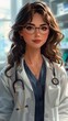 closeup woman lab coat stethoscope adorable design young face unusually unique beauty wearing thin large round glasses lifelike incredible hair masked doctors long cute student