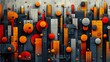 orange black buildings balls air interconnected grey dense metropolis abstract colony details