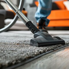 low section of a male janitor cleaning carpet with vacuum cleaning in the living room