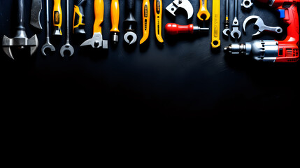 Hand tools on black background with text space.