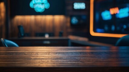 Empty wooden table with beautiful gamer room background, photorealistic