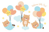 Fototapeta Dinusie - Baby boy shower vector illustration. Cute baby bear holding balloons and floating on the cloud.