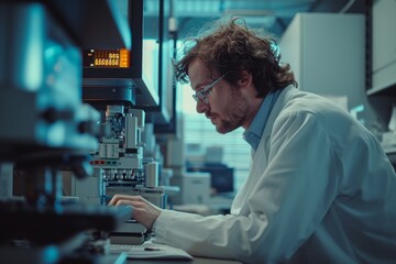 Quantum computer engineer working in a high-tech lab, scientist research concept