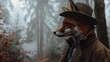 A fox dressed as a vintage detective, misty forest, low angle, soft morning lightlow texture