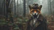 A fox dressed as a vintage detective, misty forest, low angle, soft morning lightlow texture
