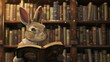 Rabbit as a librarian, cozy bookshelves, ambient light, low anglelow noise