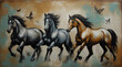 Detailed painting of modern abstract art, with metal elements, texture background, and animals and horses. generative.ai