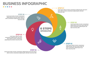 Poster - Visual data presentation. Cycle diagram with 6 options. Pie Chart Circle infographic template with 6 steps, options, parts, segments. Business concept. Marketing infographic vector illustration.